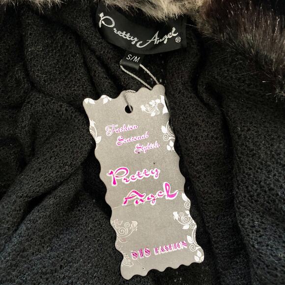 Pretty Angel Faux Fur Trimmed Duster Vest Black Linen Wool Knit Cardigan S/M - Picture 3 of 16